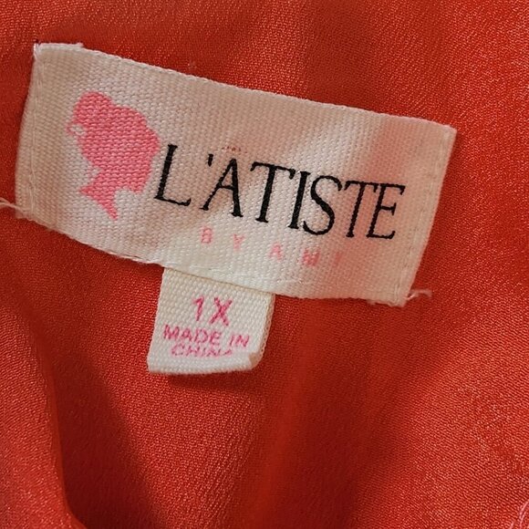 L'ATISTE By Amy Floral Chiffon Midi Dress Plus 1X Peach Pink Front Lacing Accent - Picture 3 of 9